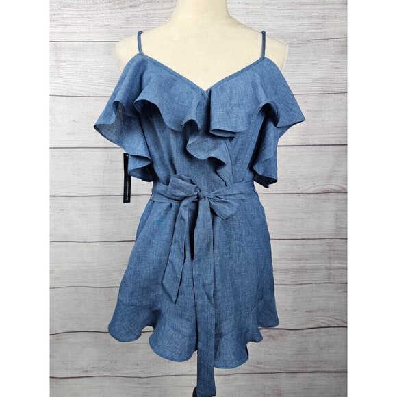 Sunset+Spring Pants - Sunset+Spring Ruffle Off the Shoulder Romper Blue Size Medium